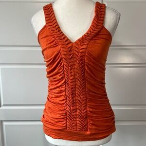 Cmm Orange Ruched Tank Top V Neck Sleeveless Casual Stretchy Size L